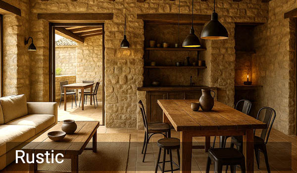 Rustic εξοχικό με ξύλο, φυσικές υφές και ζεστή αίσθηση φιλοξενίας.