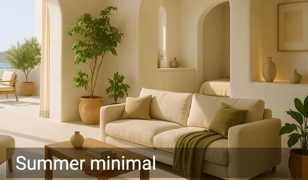 Summer minimal εξοχικό με λιτή διακόσμηση, φωτεινά χρώματα και αίσθηση καθαρού χώρου.