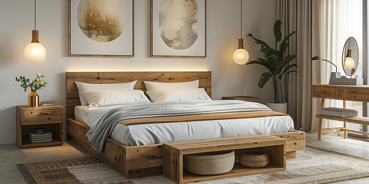 Scandinavian boho υπνοδωμάτιο με φυσικά υλικά, ήρεμη βάση και προσεγμένη σύνθεση κρεβατιού.