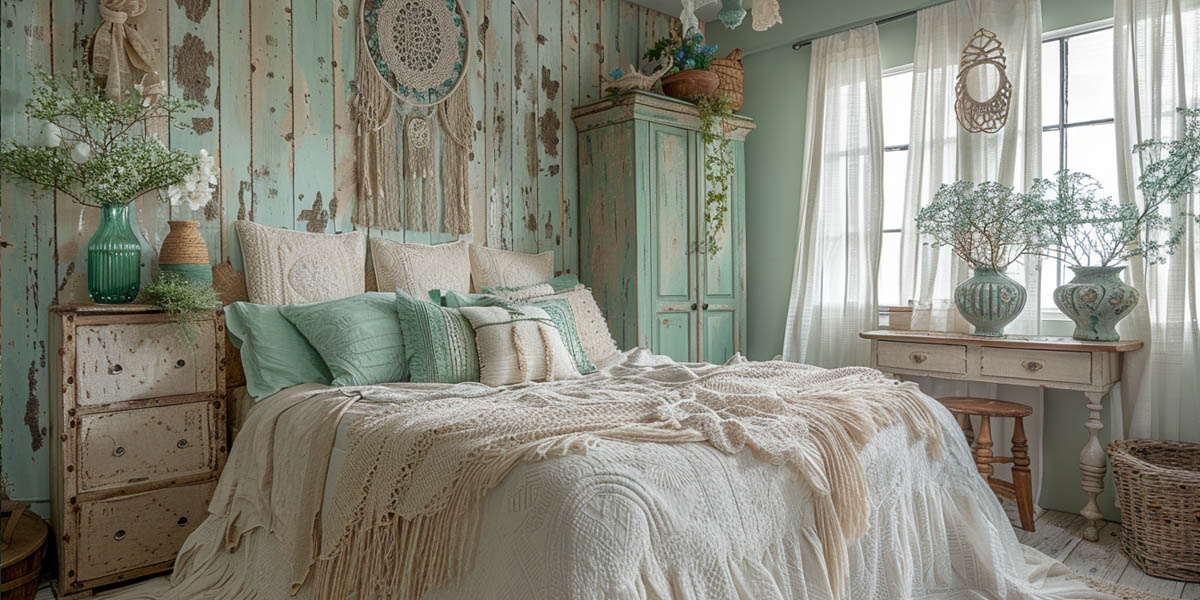 Shabby chic boho υπνοδωμάτιο με ζεστή ατμόσφαιρα, υφές και μαλακό φωτισμό.