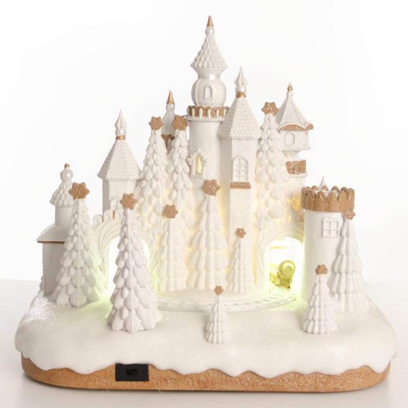 Cream Castle χριστουγεννιάτικο παραμυθένιο κάστρο σε λευκή απόχρωση με ενσωματωμένη μουσική και κίνηση 36x26x34 εκ