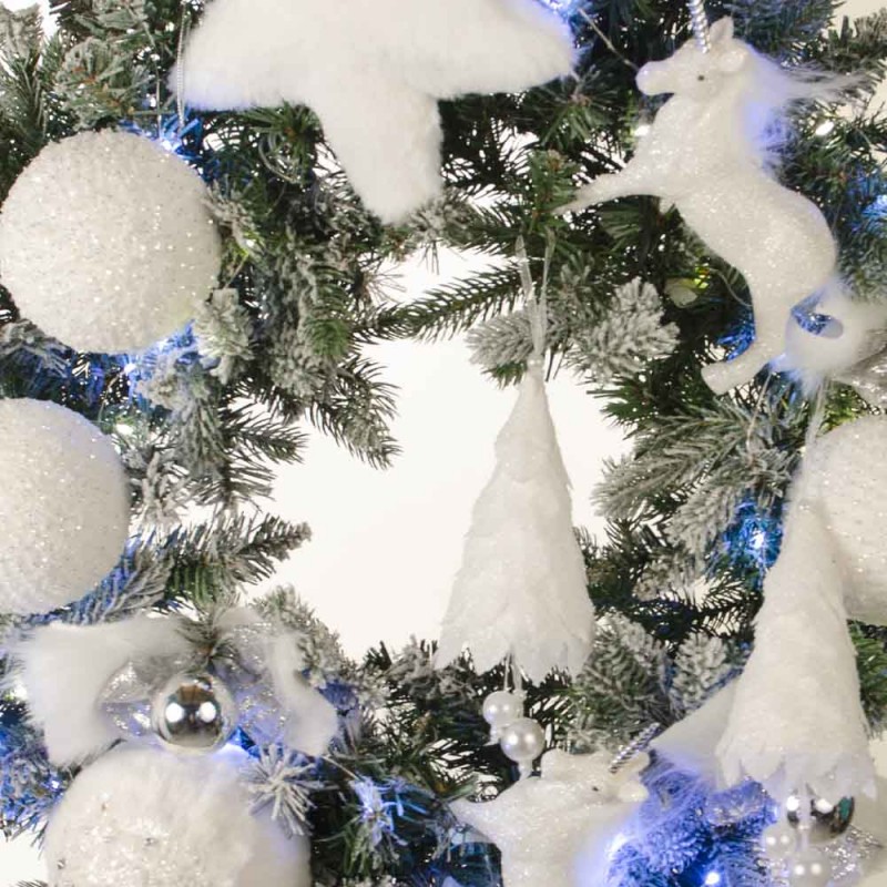 Έτοιμο στολισμένο Χριστουγεννιάτικο στεφάνι mix χιονισμένο Believe in Magic με ψυχρού φωτισμού led φωτάκια 60 εκ