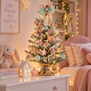 Winter Fairy στολισμένο χριστουγεννιάτικο χιονισμένο δέντρο με LED και ροζ και βεραμάν στολίδια 75 εκ