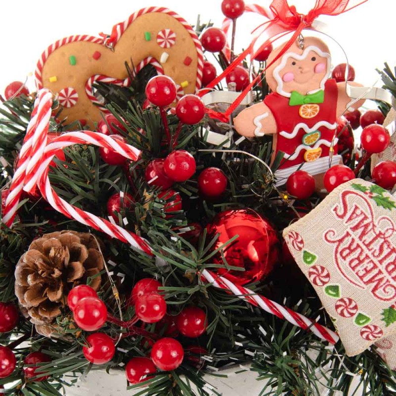 Sweet Holiday επιτραπέζια χριστουγεννιάτικη σύνθεση Gingerbread σε μεταλλικό λευκό κασπώ 16x16x35 εκ