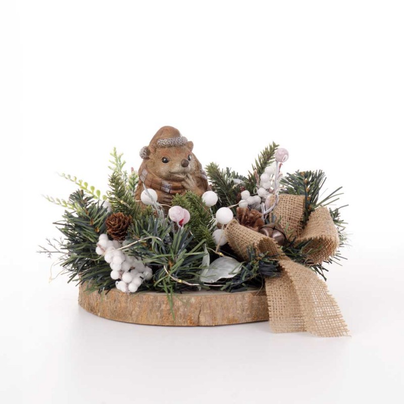 Festive Woods Χριστουγεννιάτικη επιτραπέζια σύνθεση με σκαντζοχοιράκι σε φυσικό ξύλινο κορμό 23x21x19 εκ