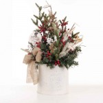 Christmas Charm επιτραπέζια χριστουγεννιάτικη σύνθεση σε μεταλλικό λευκό κασπώ με λαμπάκια μπαταρίας 22x22x59 εκ