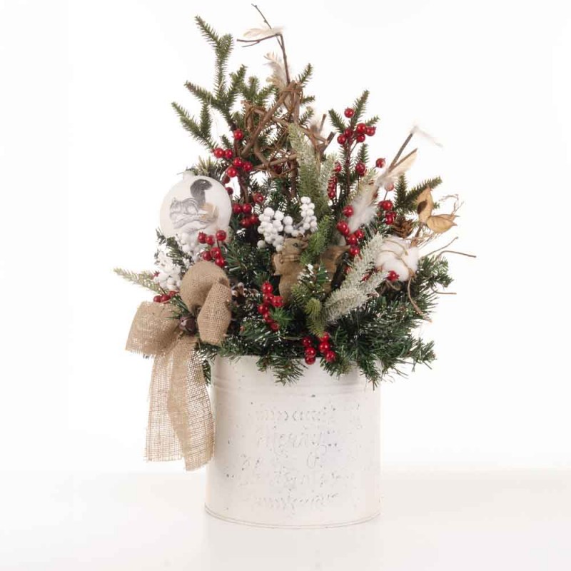 Christmas Charm επιτραπέζια χριστουγεννιάτικη σύνθεση σε μεταλλικό λευκό κασπώ με λαμπάκια μπαταρίας 22x22x59 εκ