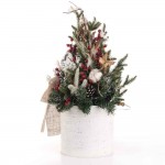 Christmas Charm επιτραπέζια χριστουγεννιάτικη σύνθεση σε μεταλλικό λευκό κασπώ με λαμπάκια μπαταρίας 22x22x59 εκ
