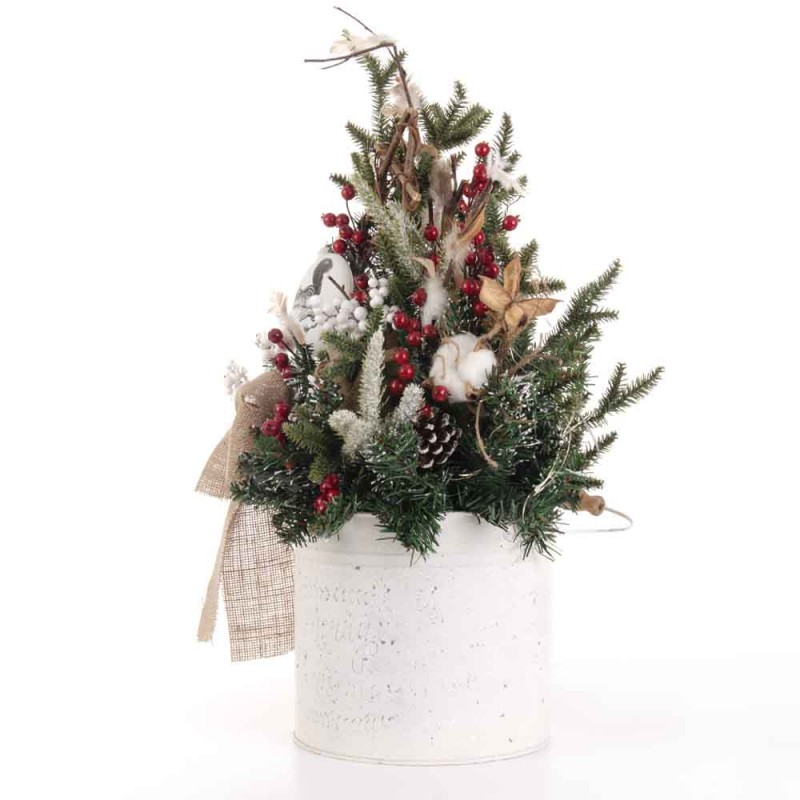 Christmas Charm επιτραπέζια χριστουγεννιάτικη σύνθεση σε μεταλλικό λευκό κασπώ με λαμπάκια μπαταρίας 22x22x59 εκ