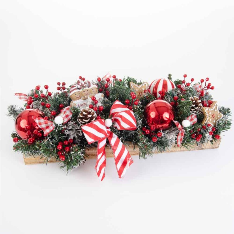 Candy Joy Χριστουγεννιάτικη επιτραπέζια σύνθεση με κόκκινα berries ριγέ κορδέλα και λαμπάκια μπαταρίας 55x27x17 εκ