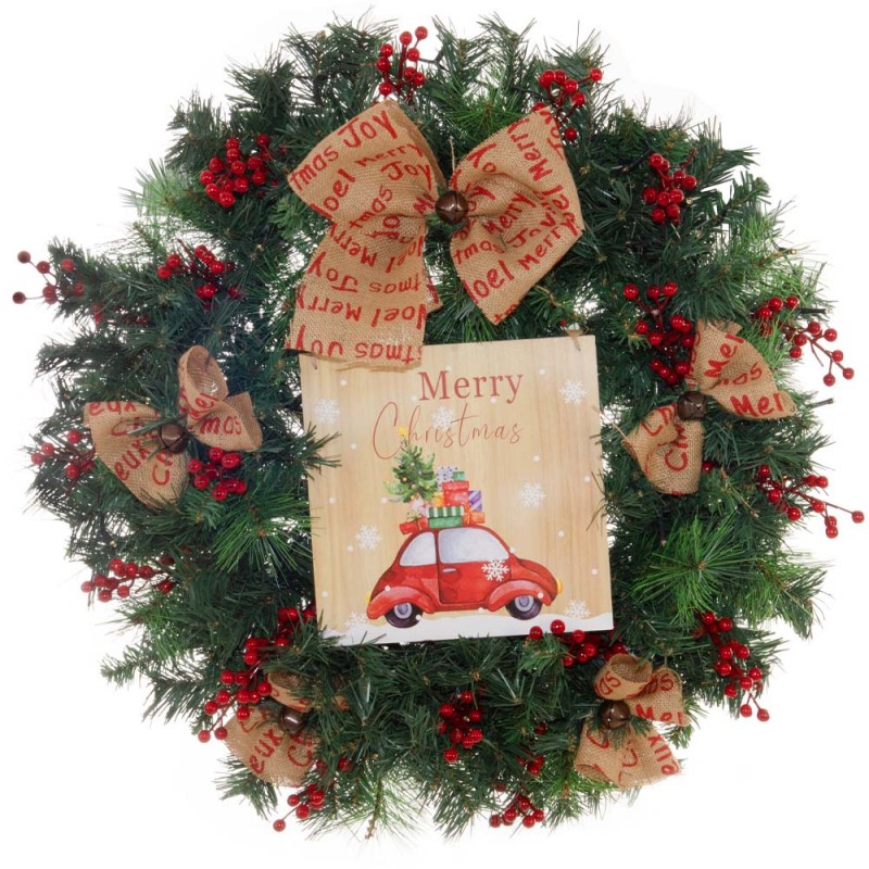 Festive Ride Έτοιμο στολισμένο Χριστουγεννιάτικο στεφάνι πράσινο με πινακίδα και led φωτάκια 60 εκ