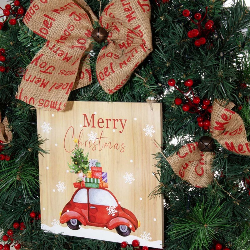 Festive Ride Έτοιμο στολισμένο Χριστουγεννιάτικο στεφάνι πράσινο με πινακίδα και led φωτάκια 60 εκ