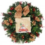 Festive Ride Έτοιμο στολισμένο Χριστουγεννιάτικο στεφάνι πράσινο με πινακίδα και led φωτάκια 60 εκ