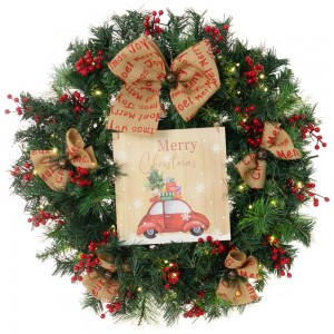 Festive Ride Έτοιμο στολισμένο Χριστουγεννιάτικο στεφάνι πράσινο με πινακίδα και led φωτάκια 60 εκ
