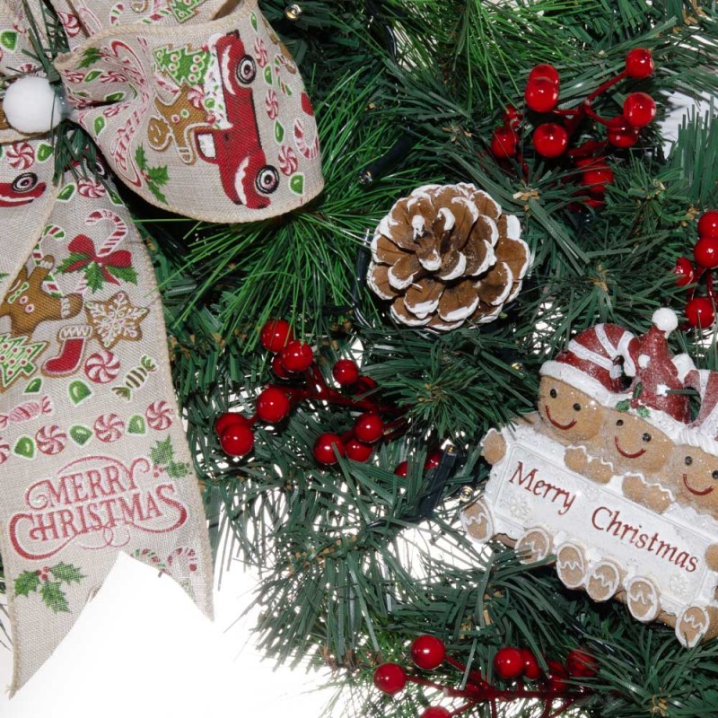 Gingerbread Dreams Έτοιμο στολισμένο Χριστουγεννιάτικο στεφάνι με led φωτάκια 60 εκ