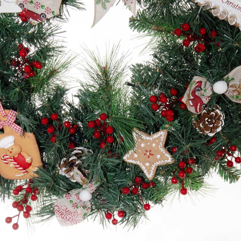 Gingerbread Dreams Έτοιμο στολισμένο Χριστουγεννιάτικο στεφάνι με led φωτάκια 60 εκ