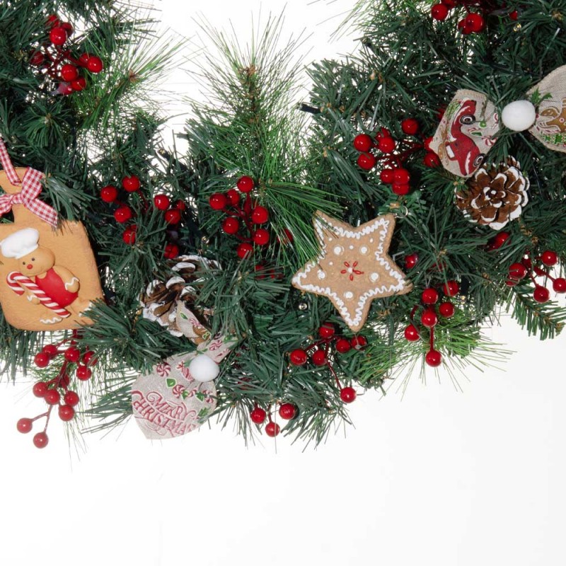 Gingerbread Dreams Έτοιμο στολισμένο Χριστουγεννιάτικο στεφάνι με led φωτάκια 60 εκ