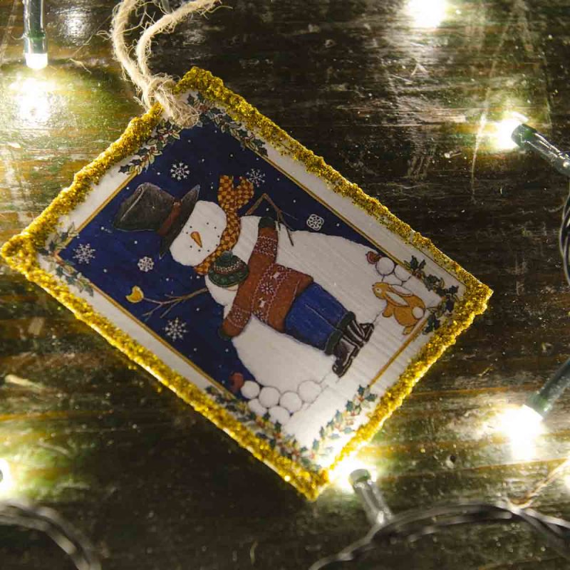 Χειροποίητο Χριστουγεννιάτικο vintage στολίδι με χιονάνθρωπο σε σετ των δώδεκα σχεδίων 9x6 εκ