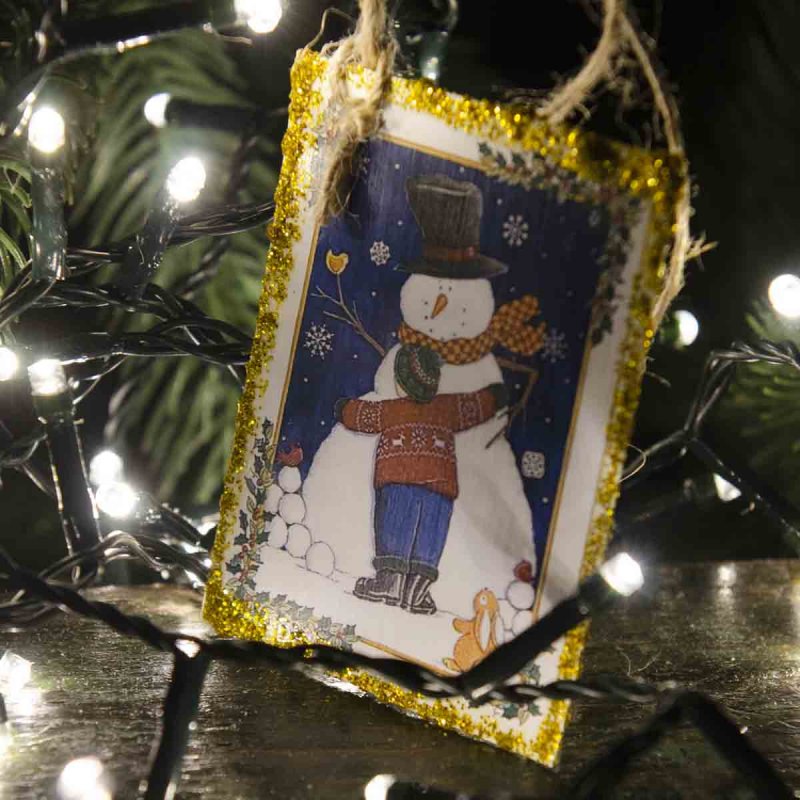 Χειροποίητο Χριστουγεννιάτικο vintage στολίδι με χιονάνθρωπο σε σετ των δώδεκα σχεδίων 9x6 εκ