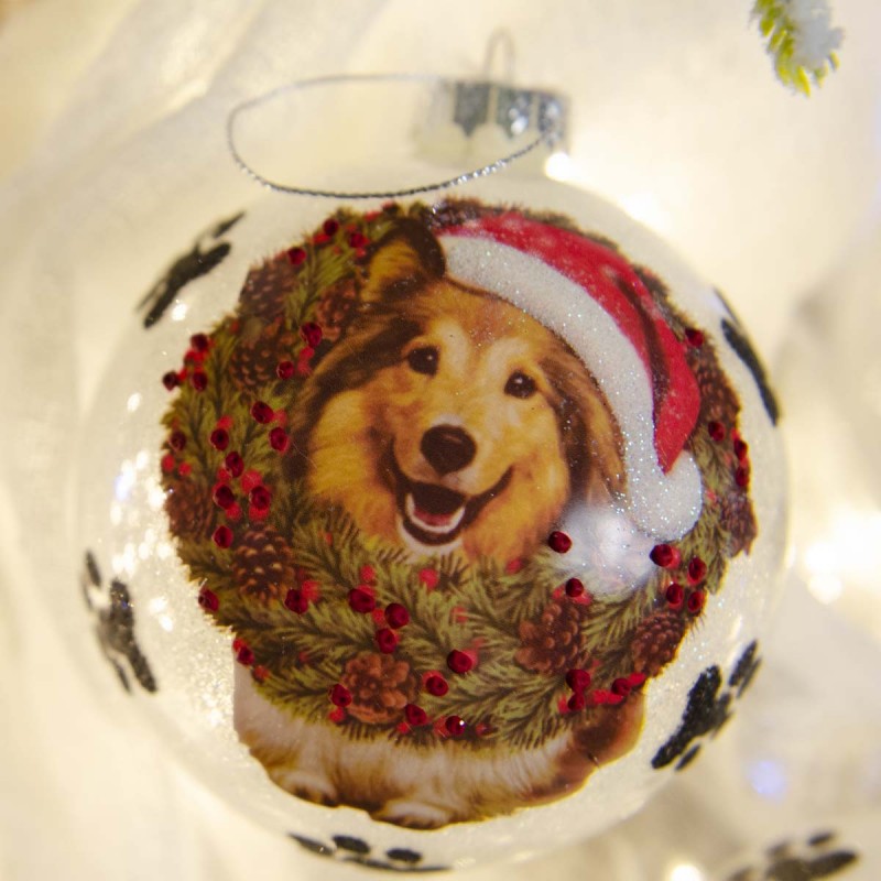 Λευκή Χριστουγεννιάτικη γυάλινη μπάλα με σκυλάκια και πατούσες σετ τριών σχεδίων 10 εκ
