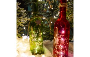 Χριστουγεννιάτικο επιτραπέζιο διακοσμητικό μπουκάλι κρασιού σετ των δύο σε κόκκινη και πράσινη απόχρωση με λαμπάκια led 29 εκ
