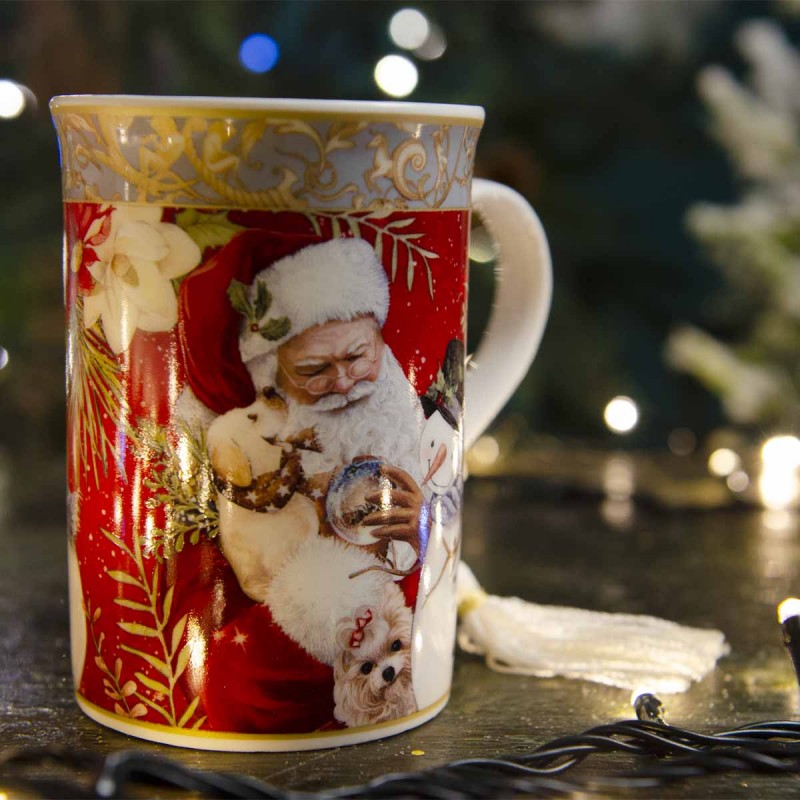 Χριστουγεννιάτικη κούπα με Άγιο Βασίλη και χιονάνθρωπο σε κουτί δώρου με βελούδινο φιόγκο 13 εκ