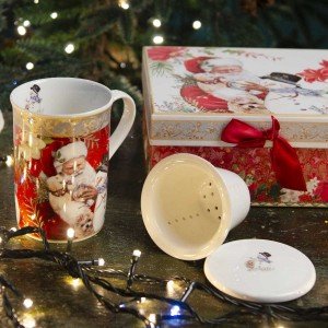 Χριστουγεννιάτικη κούπα Άγιου Βασίλη με χιονάνθρωπο και φίλτρο για τσάι σε κουτί δώρου με μπορντό φιόγκο 18 εκ