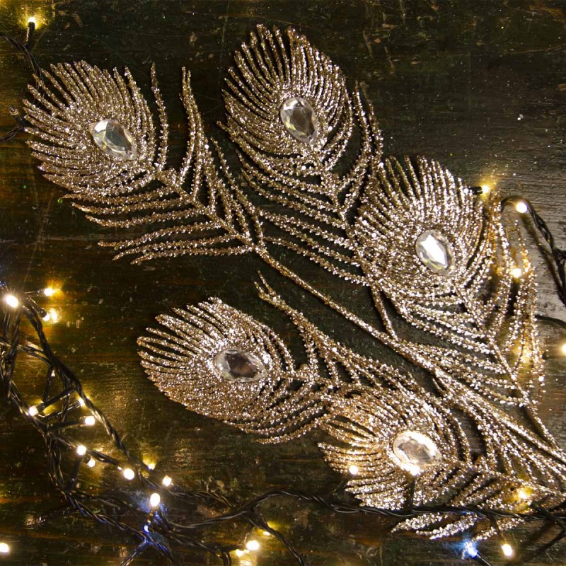 Χρυσό Χριστουγεννιάτικο διακοσμητικό κλαδί σε σχήμα φτερού με κρυστάλλους 78 εκ