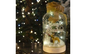 Χριστουγεννιάτικο γυάλινο επιτραπέζιο διακοσμητικό μπουκάλι με φελό με τάρανδο χιόνι και 10 λαμπάκια led 20 εκ
