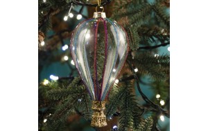 Γυάλινο Χριστουγεννιάτικο στολίδι σε σχήμα αερόστατου με χρωματιστές ρίγες και χρυσό καλάθι 14 εκ