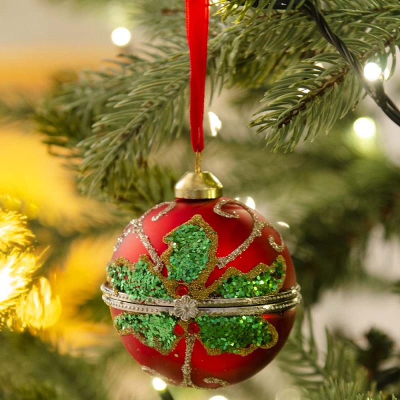 Μπάλα γυάλινη Χριστουγεννιάτικη ανοιγόμενη σε κόκκινο χρώμα με πούλιες 6 εκ