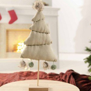 Επιτραπέζιο διακοσμητικό Χριστουγεννιάτικο δέντρο με ξύλινη βάση και πομ πομ 43 εκ