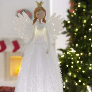 Επιτραπέζιος διακοσμητικός Χριστουγεννιάτικος άγγελος με λευκό φόρεμα φωτιζόμενος από λαμπάκια led 50 εκ