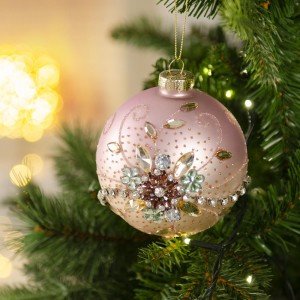 Μπάλα γυάλινη Χριστουγεννιάτικη διακοσμημένη με χάντρες και faux διαμαντάκια 10 εκ