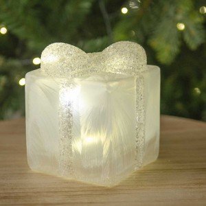 Φωτιζόμενο Χριστουγεννιάτικο επιτραπέζιο διακοσμητικό Δώρο από γυαλί 10x10x12 εκ