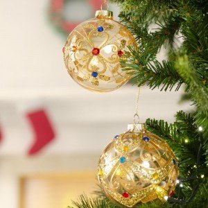Μπάλες Χριστουγεννιάτικες από γυαλί διακοσμημένες με πετράδια σε διάφορα χρώματα σετ των δύο 10 εκ