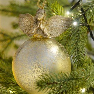 Χριστουγεννιάτικη μπάλα γυάλινη με αγγελάκι διακοσμητικό στην κορυφή σε χρυσή απόχρωση σετ των δύο 8 εκ