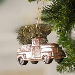 Vintage γυάλινο στολίδι Χριστουγεννιάτικο με φορτηγό και δέντρο 8 εκ