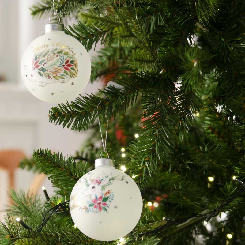 Μπάλες Χριστουγεννιάτικες γυάλινες διακοσμημένες με σκαντζόχοιρο και ελαφάκι σετ των δύο 8 εκ