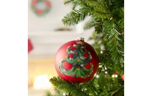 Χριστουγεννιάτικη γυάλινη μπάλα ανάγλυφη με δέντρο κόκκινη 12 εκ