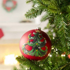 Χριστουγεννιάτικη γυάλινη μπάλα ανάγλυφη με δέντρο κόκκινη 12 εκ