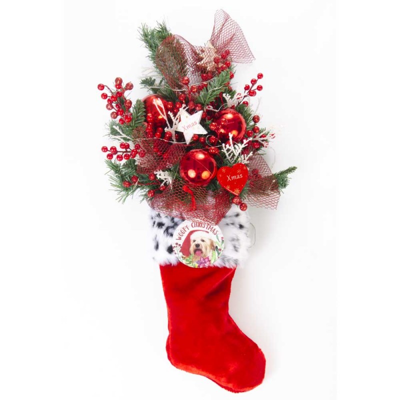 Διακοσμητική σύνθεση σε Χριστουγεννιάτικη κάλτσα με κλαδιά και λαμπάκια 39x23x79 εκ