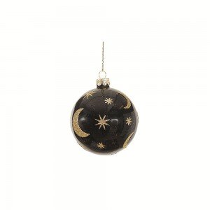 Χριστουγεννιάτικη μπάλα μαύρη διακοσμημένη φεγγάρια και αστέρια σε χρυσό χρώμα σετ των δύο 8 εκ