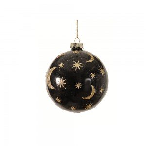 Χριστουγεννιάτικη μπάλα μαύρη διακοσμημένη φεγγάρια και αστέρια σε χρυσό χρώμα σετ των δύο 10 εκ