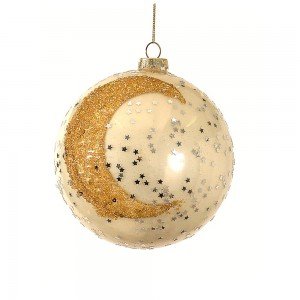 Χριστουγεννιάτικη μπάλα χρυσή διακοσμημένη με χρυσό φεγγάρι και ασημένια αστέρια σετ των δύο 10 εκ