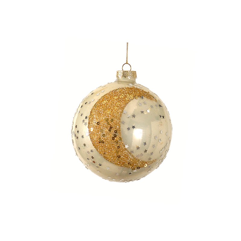 Χριστουγεννιάτικη μπάλα χρυσή διακοσμημένη με χρυσό φεγγάρι και ασημένια αστέρια 12 εκ