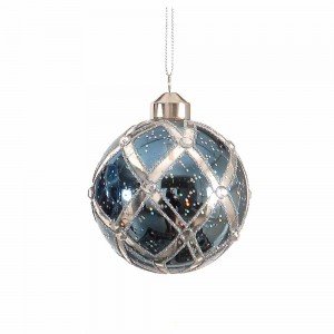 Γυάλινη μπάλα διακοσμημένη μπλε και ασημί  με διαμαντάκια σετ των δύο 8 εκ