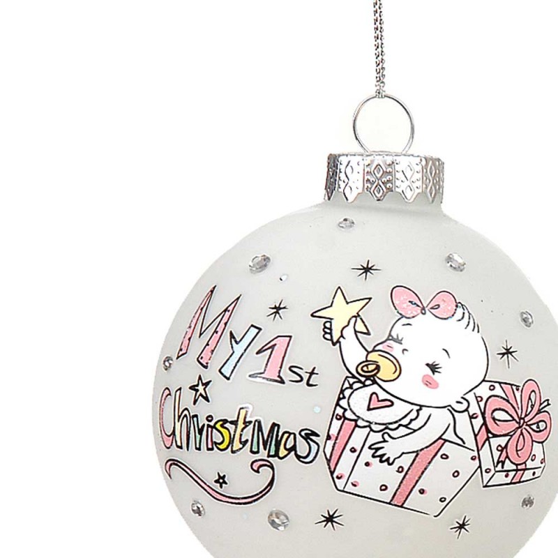 Τα πρώτα Χριστούγεννα γυάλινη μπάλα λευκή με κοριτσάκι μωρό 8 εκ