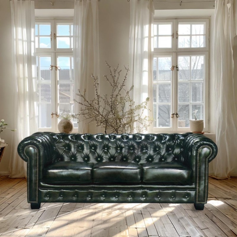 Καναπές τριθέσιος Chesterfield δερμάτινος σε αντικέ πράσινο χρώμα 201x92x72 εκ