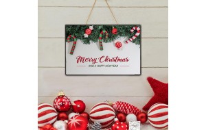 Happy New Year ξύλινο πινακάκι χειροποίητο με εικόνα χριστουγεννιάτικων στολιδιών